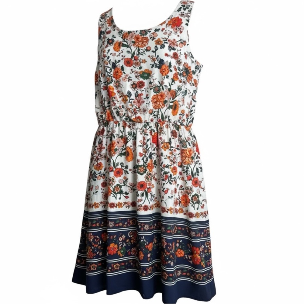Pixley Women’s Sleeveless‎ Fit & Flare Dress White Floral Boho Border Print Sz M